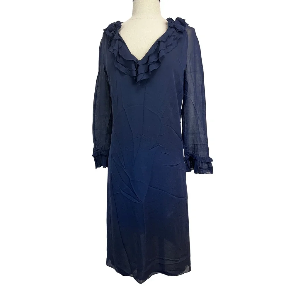 Tory Burch Dress Women 6 Navy Blue Excellent Silk Ruffle V-Neck 22121467